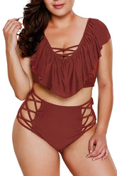 Burgundy Frill Tankini Crisscross High Waist Swimsuit
